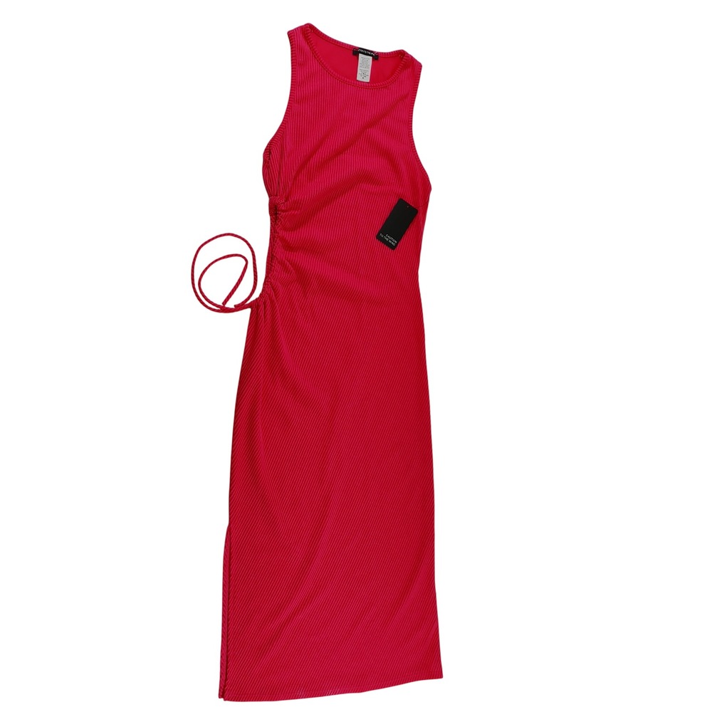 Caution to the Wind Pink Ribbed Midi Dress Sleeveless Side Tie Ruched Size M